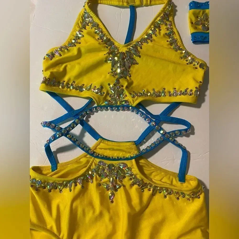 Custom Solo Dance Costume Yellow Blue Rhinestone Jazz Costume MA-Medium adult